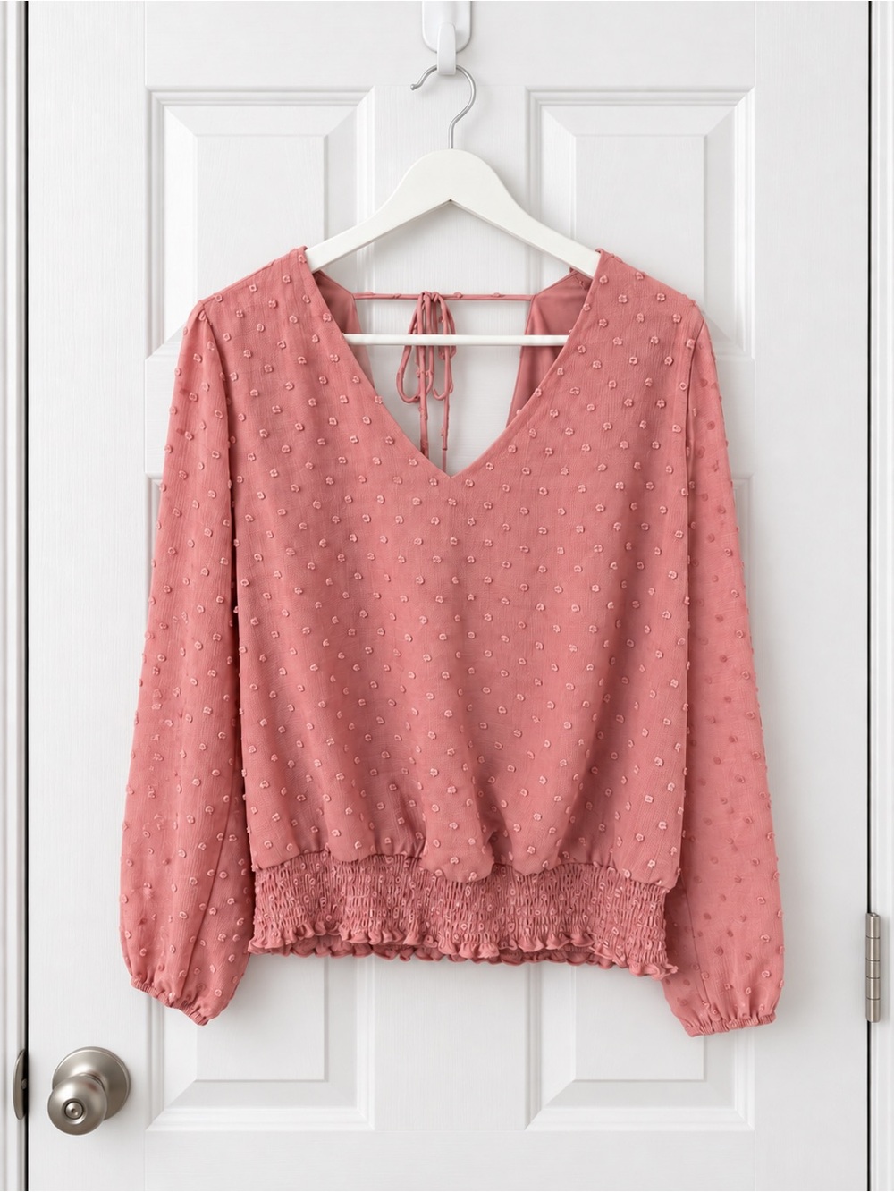 Nine Britton Ina Clip Dot Blouse Pink Swiss Dot V-Neck Smocked Hem Stitch Fix L